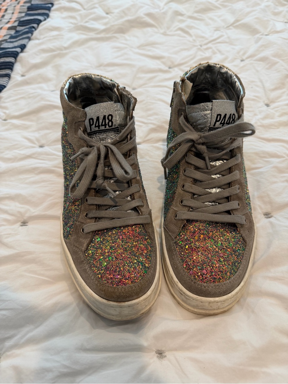 P448 High-Top Sneakers with Multicolor Glitter and Gray Suede